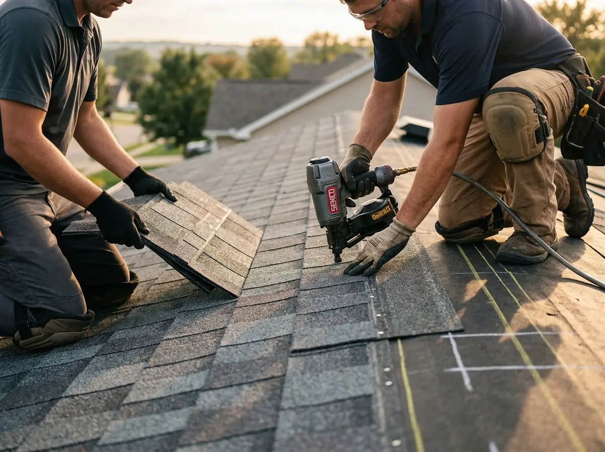 Professional roofer working on a residential roof in Columbine